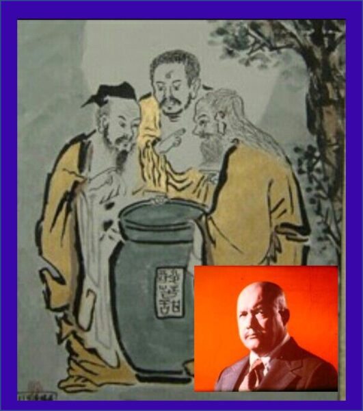 Balousov Zhabatinsky Chinese Pianting of the Three Vinegar Tasters with picture of Dr. Khigh Alx Dhiegh, or Wo Fat