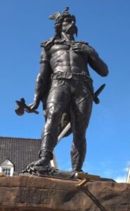 Big mustache and battle axe Ambiorix of the Belgae statue in Belgium