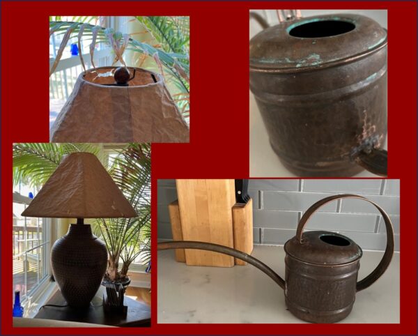 Worn out lampshade and a poorly repaired copper witering can
