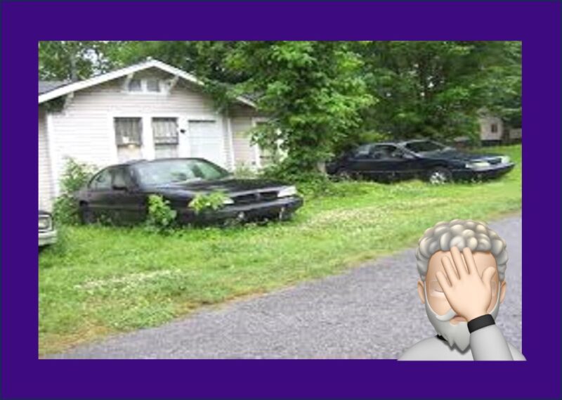 Old cars stacked on the lawn as a metaphor for BadBoss behavior.