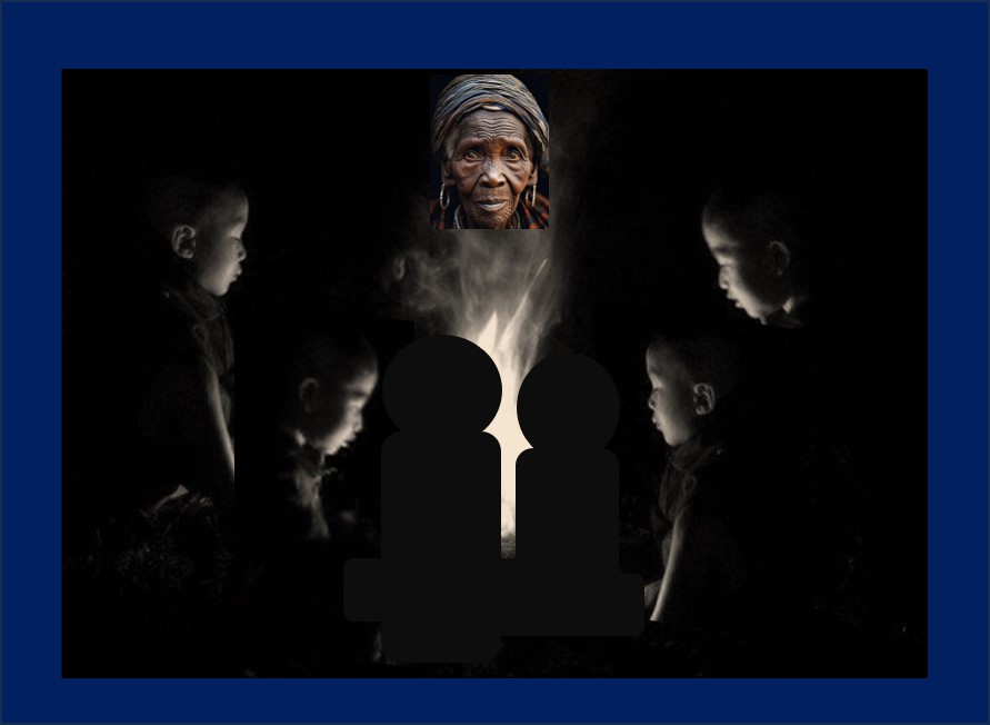 Balousov Zhabatinsky An old woman speaks to children around an ancient fire