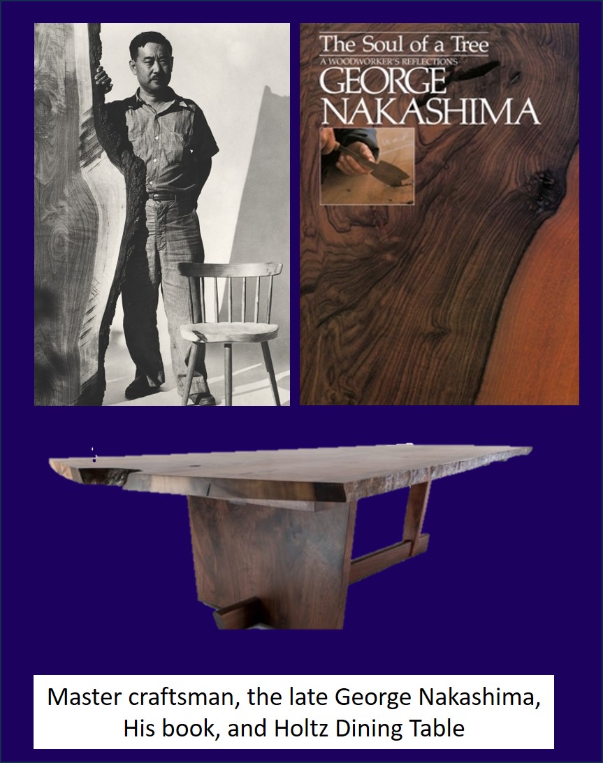 Master craftsman, the late George Nakashima, His book, and Holtz Dining Table