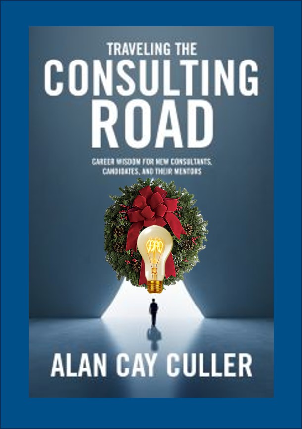 Christmas Wreath and Light bulb on Traveling the Consulting Road book cover