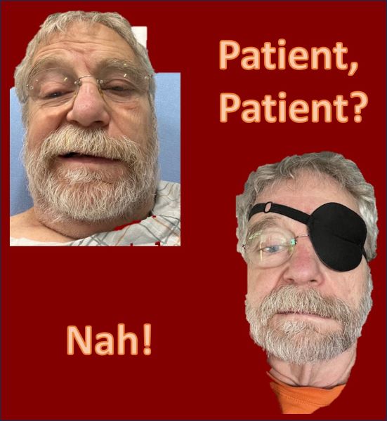 Alan with face drooping in hospital and later with the Bell's Play eye patch