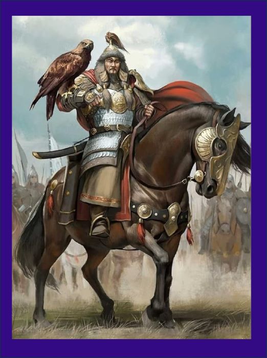 Genhis Kaha on horseback with a falcon on his arm.