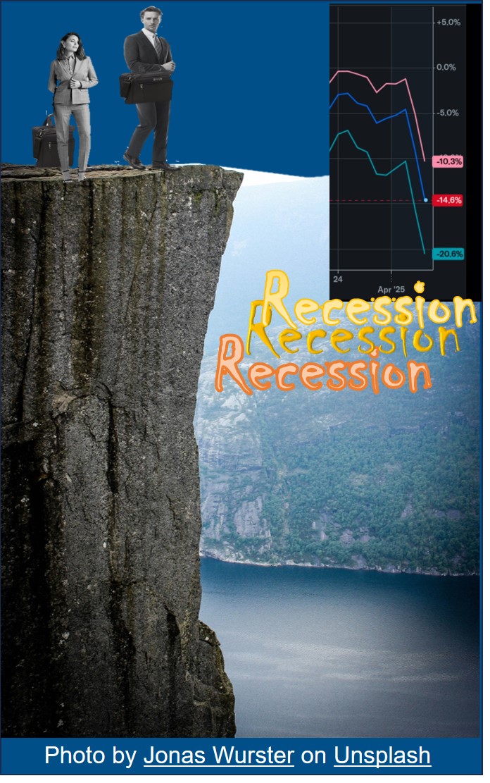 Two consulktants close to the edge of a cliff with chart and the word Recession looming