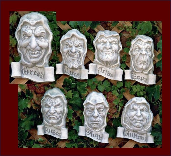 Lost Knowledge Mashup Creepy sculptures of Greed, Lust, Pride, Envy, Anger, Sloth and Gluttony