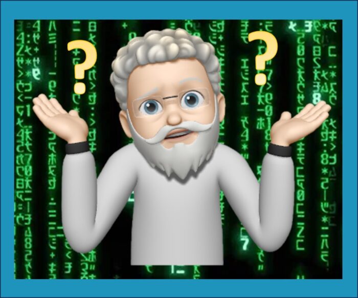 Alan Memoji shrugging in from of a technology matrix