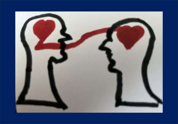 Two human head silhouettes with red hearts inside connected by a red ribbon