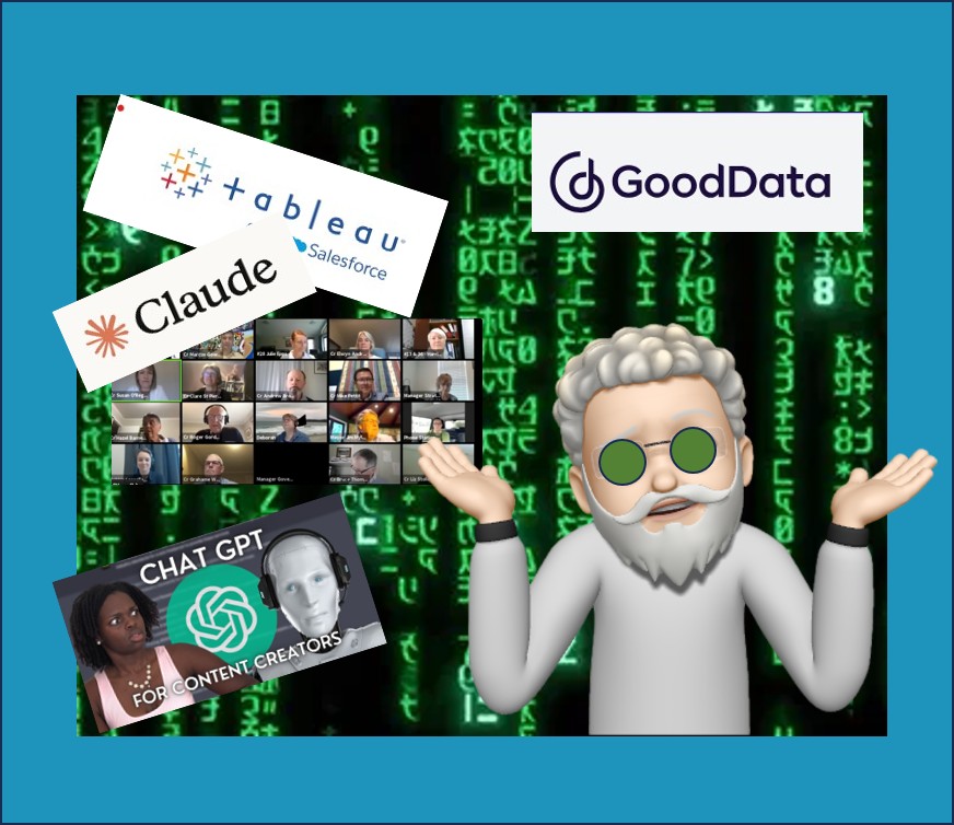 Sunglass wearing Alan memoji shrugs surrounded by Zook call and AI software logos