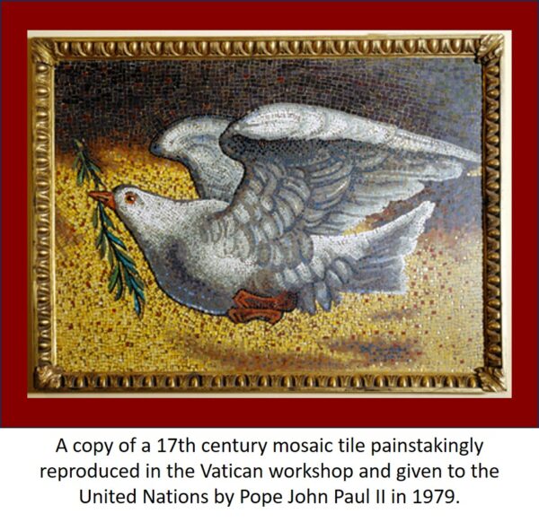 A copy of a 17th century mosaic tile painstakingly reproduced in the Vatican workshop and given to the United Nations in 1979 by Pope John Paul II.