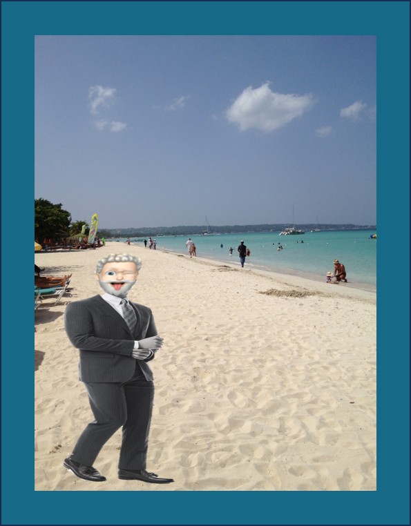 Clueless consultant standing in a business suit on a beach