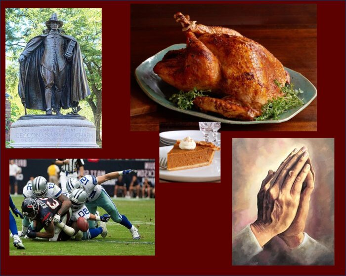 Lost Knowledge Mashup St. Gauden's Pilgrim statue, football, Turkey, pumpkin pie and praying hands
