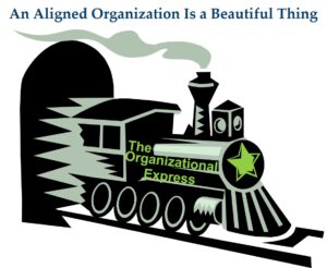 An aligned organization depicted as a fast train on the rails: An aligned organization is a beautiful thing.