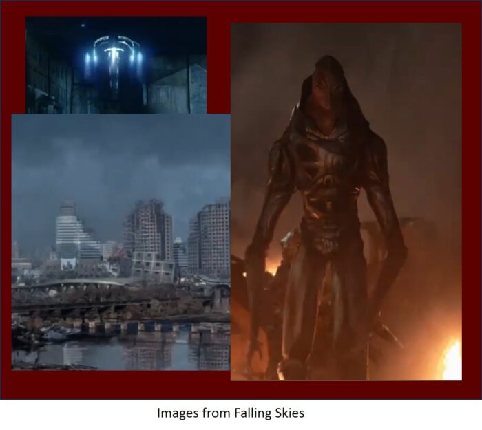 Lost Knowledge Mashup Fishhead alin, Destroyed city and Alien spaceship descending images from "Falling Skies"