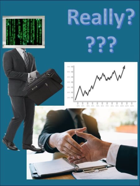 Computer headed consultant vs. relationship handshake and positive results graph