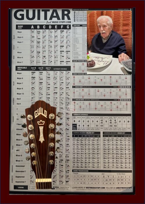 Guitar chords and scales poster, Guild 12 string guitar headstock, and picture of Bob Schaffer at 100