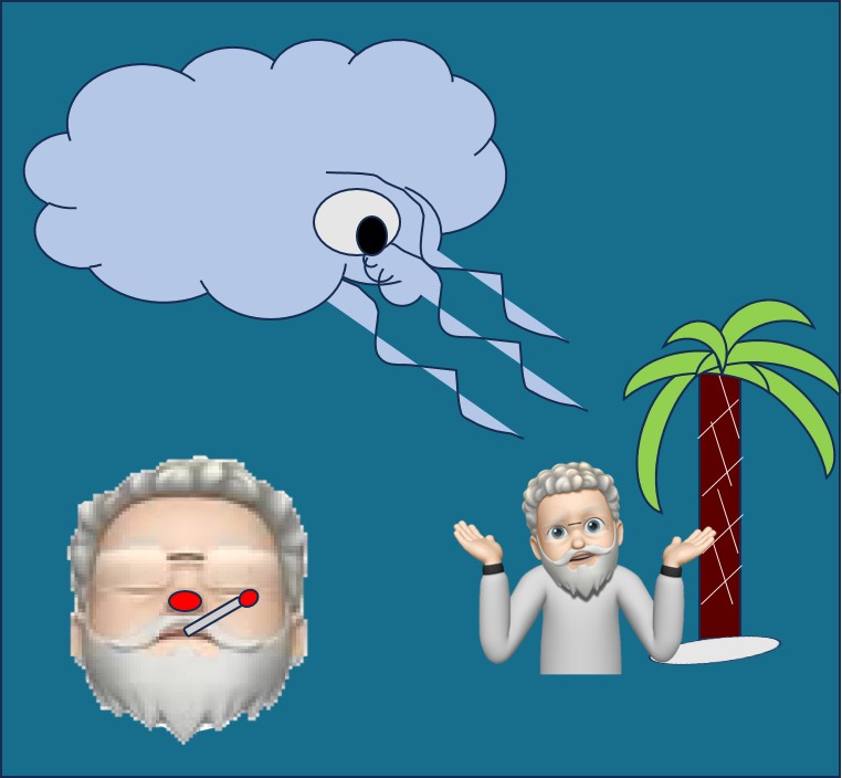 Misconceptions Cold wind blowing on shrugging Alan memoji leading to a red nosed Alan memoji with a thermometer