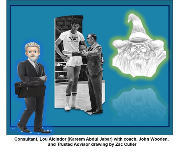 Consultant memoji, John Wooden with Kareem Abdul Jabar, a drawing of Merlin by Zac Culler