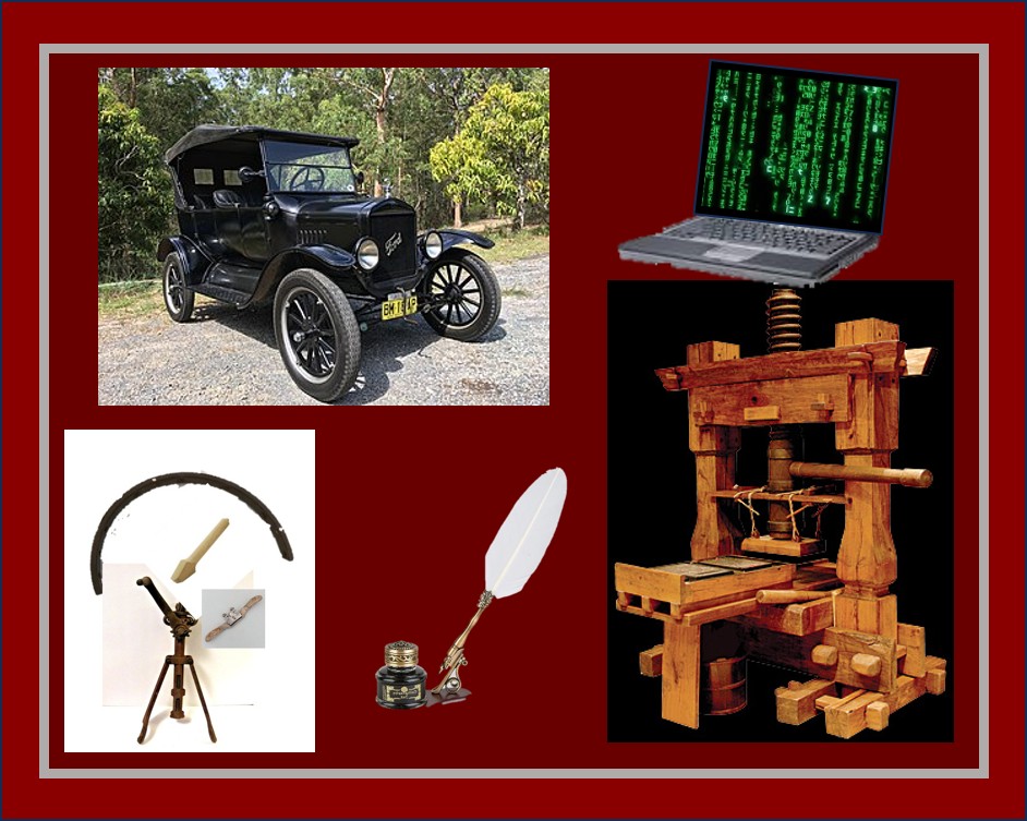 Pictures of new technology, Model T, Printing press, computer