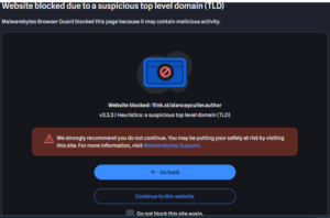 Website blocked due to a suspicious top level domain (TLD) Malwarebytes Browser Guard blocked this page because it may contain malicious activity.