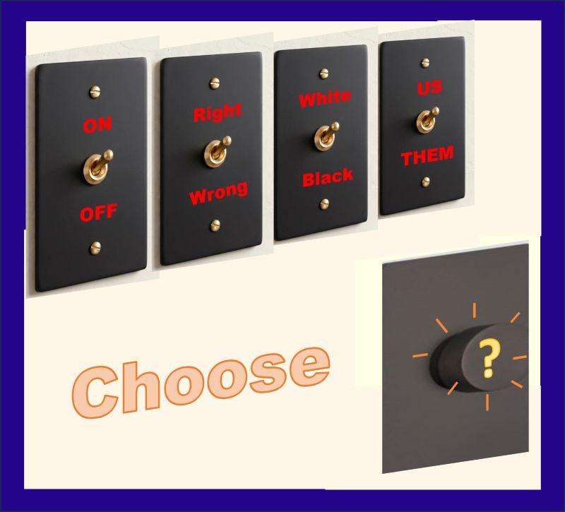 Balousov Zhabatinsky Four toggle switches, On-off, right-wrong, white-black, and Us-Them compared to a dimmer switch with multiple choices