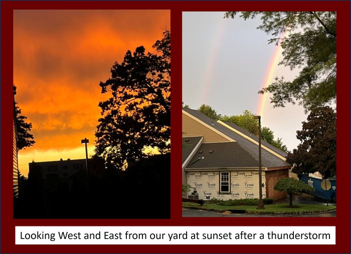 Lost Knowledge Mashup Firey sunset in a thundercloud sky to the west and a double rainbow to the east.
