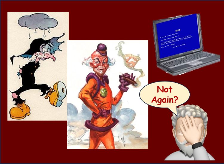Lost Knowledge Mashup Pictures of joe-btfsplk, Mister Myxzptlk, Alan and a computer with the Blue screen of Death